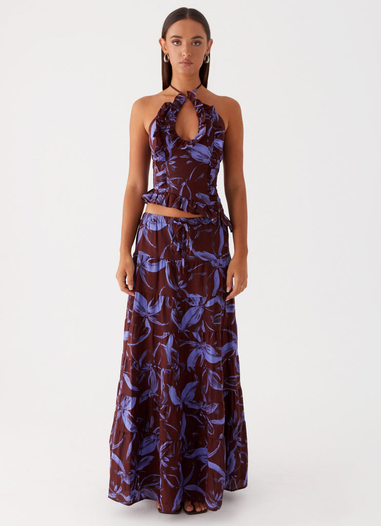 Womens Mariella Linen Top in the colour Purple Brown Floral in front of a light grey background