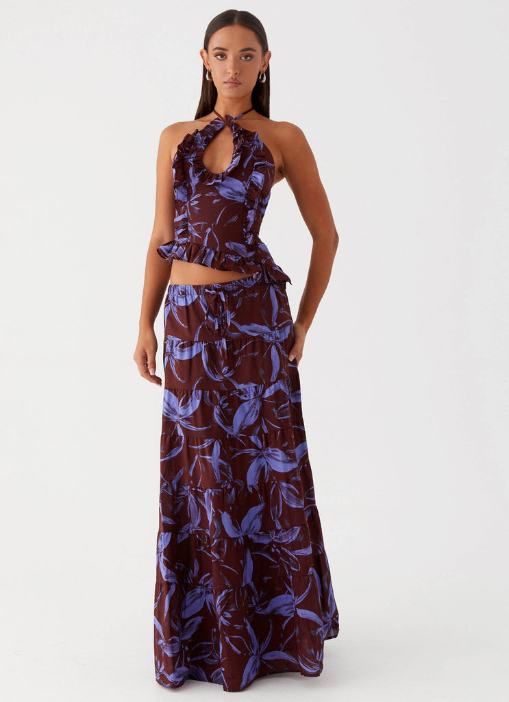 Womens Mariella Linen Top in the colour Purple Brown Floral in front of a light grey background