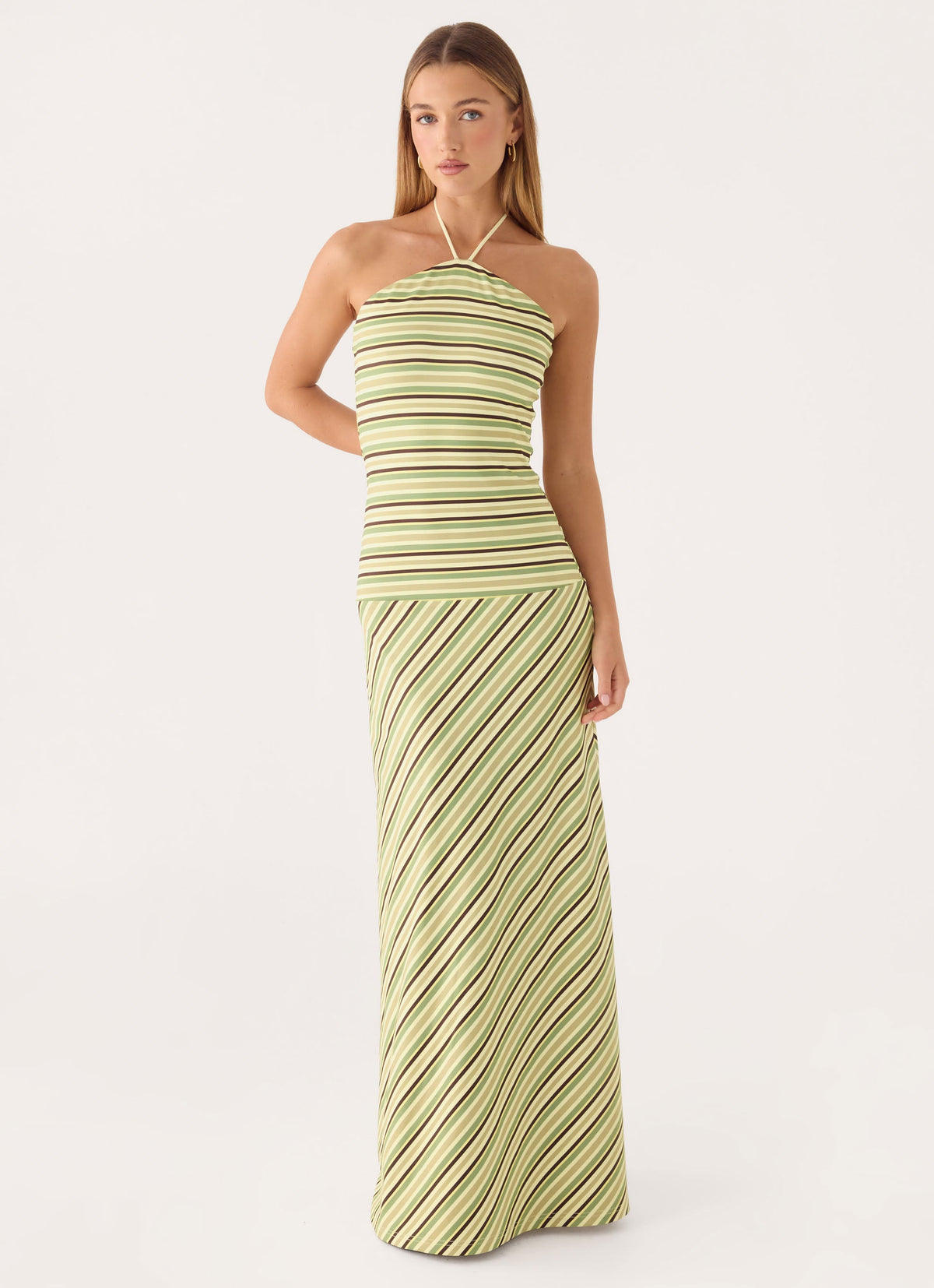 Marinah Halter Maxi Dress - Golden Kiwi Stripe