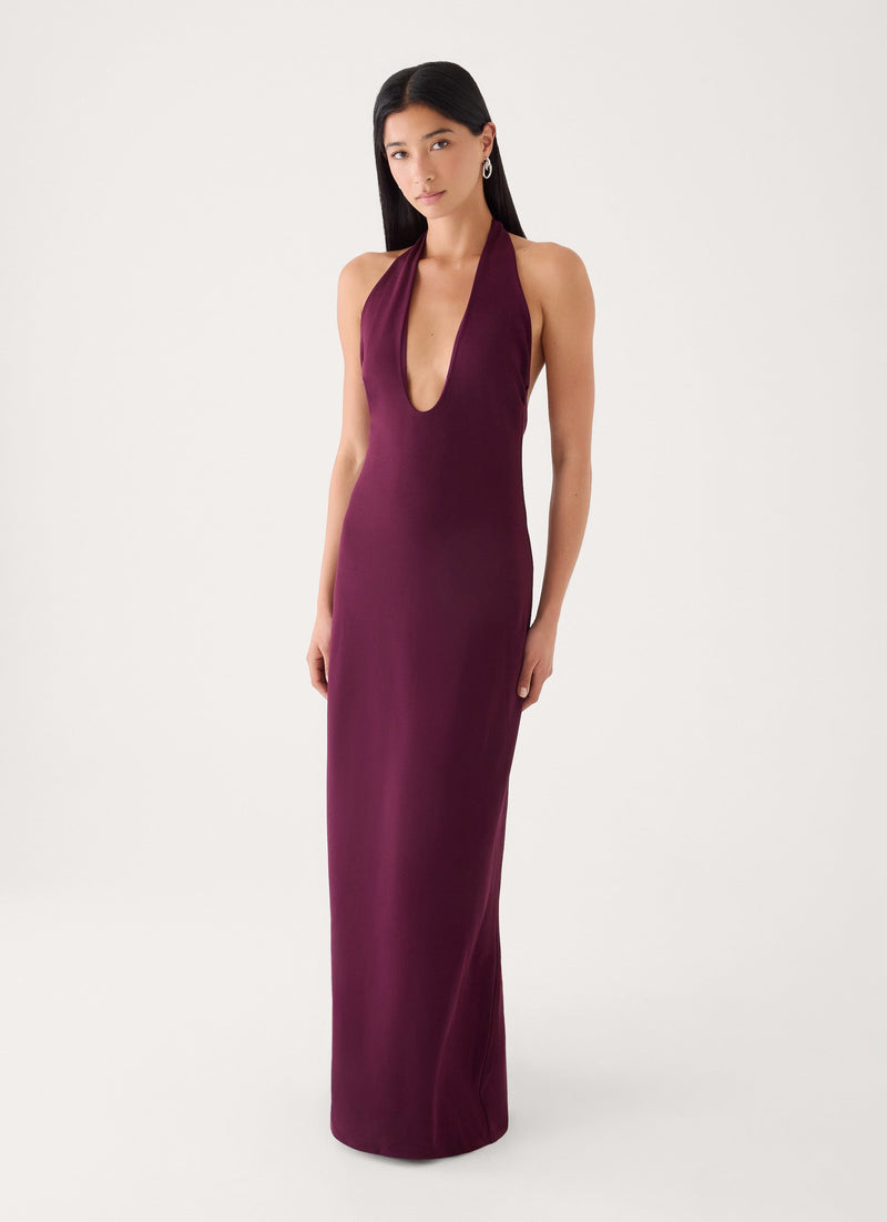 Midnight Kiss Jersey Halter Dress - Eggplant