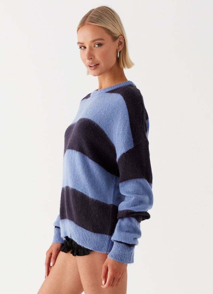 Womens Nikita Fuzzy Knit Sweater in the colour Blue Black Stripe in front of a light grey background