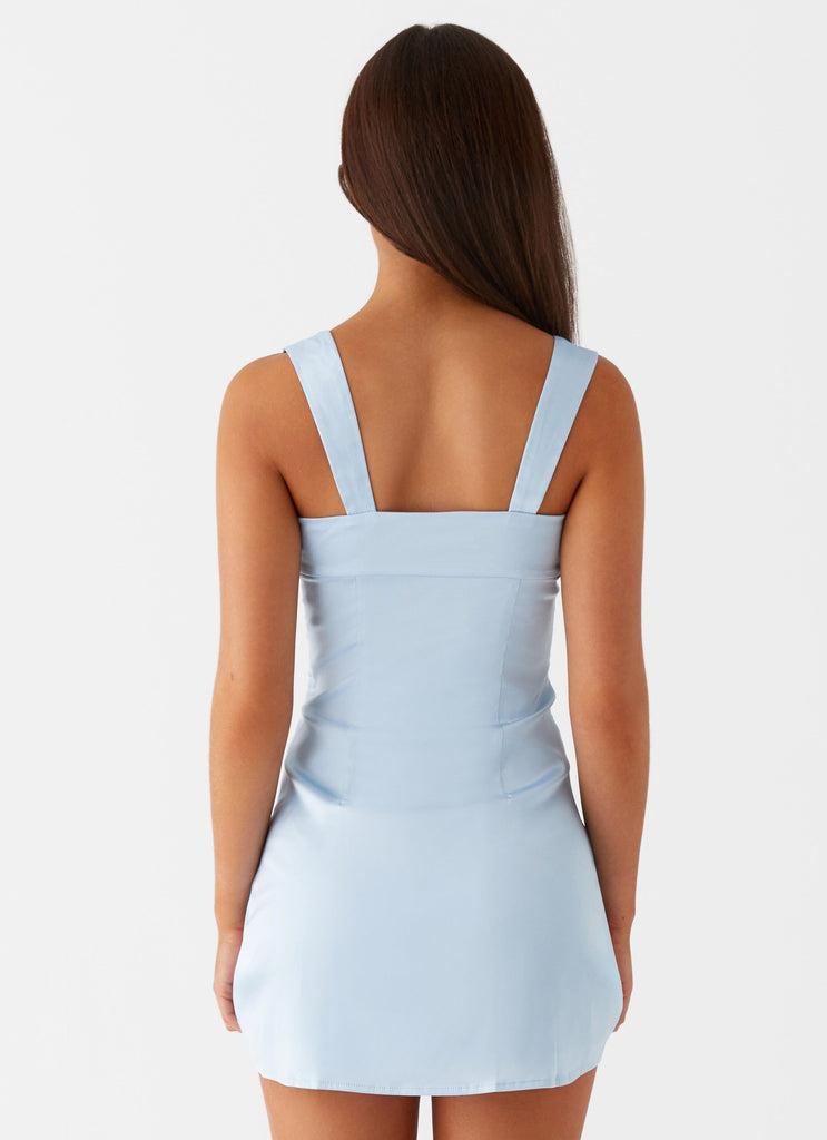 Womens Odette Satin Mini Dress in the colour Blue in front of a light grey background