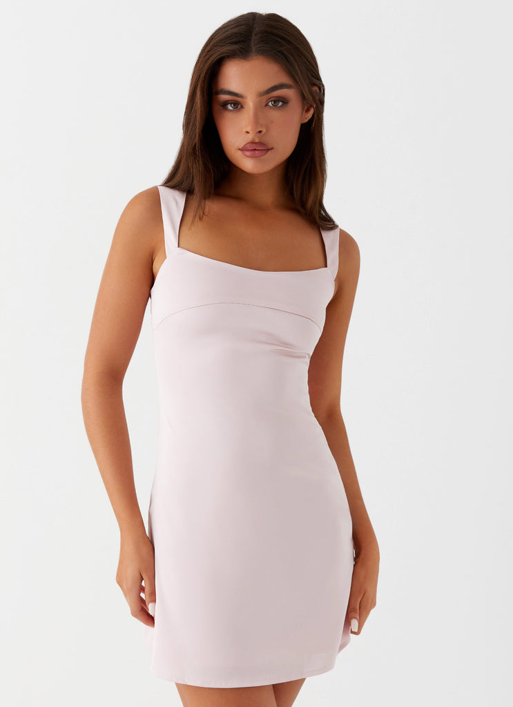 Womens Odette Satin Mini Dress in the colour Pink in front of a light grey background