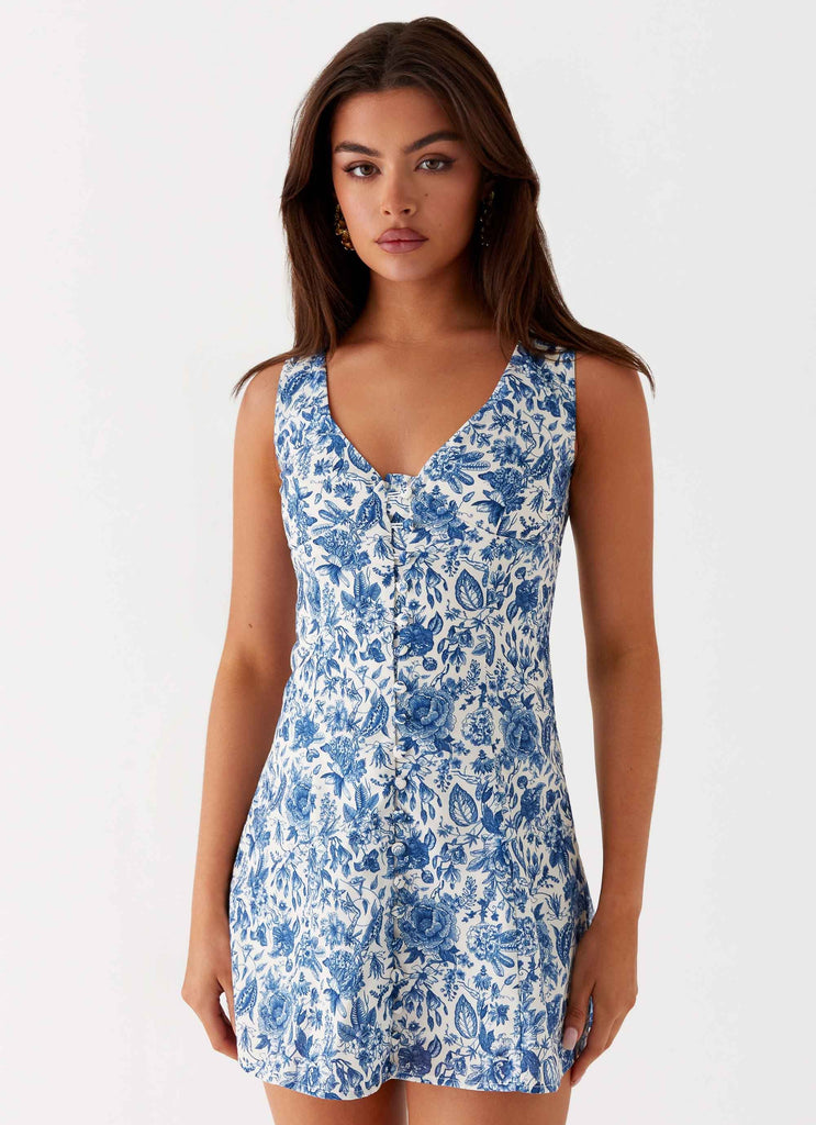 Womens Paisley Road Mini Dress in the colour Blue Paisley in front of a light grey background