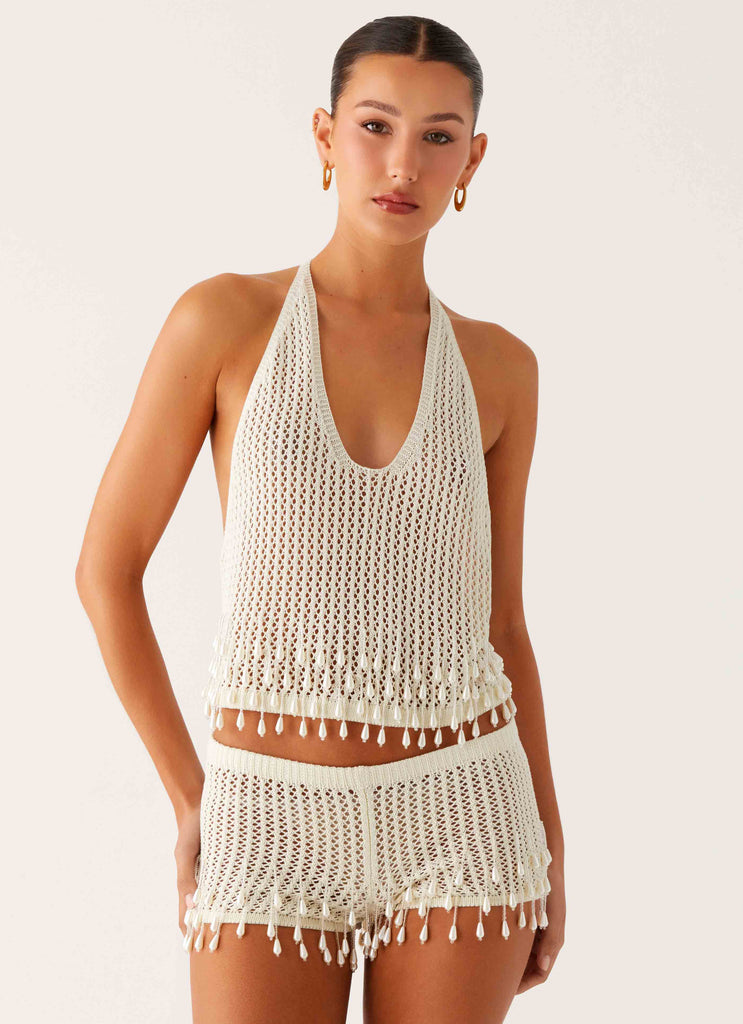 Pearl Shore Beaded Crochet Mini Shorts - Ivory