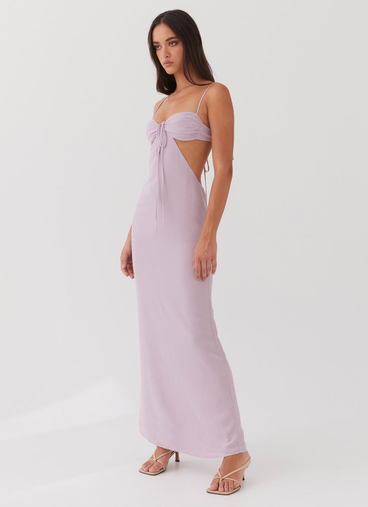 Womens Tyra Ruched Maxi Dress in the colour Lavender in front of a light grey background