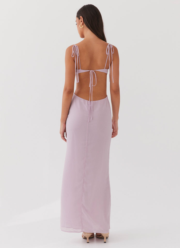 Womens Tyra Ruched Maxi Dress in the colour Lavender in front of a light grey background