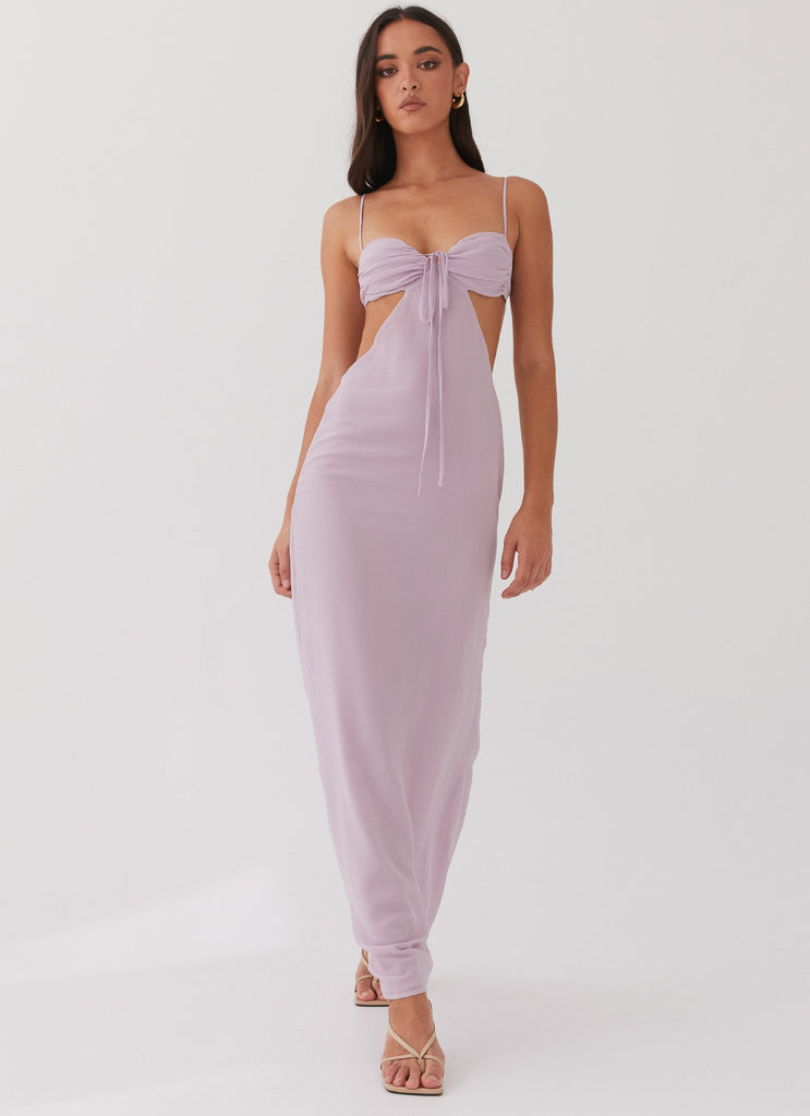 Womens Tyra Ruched Maxi Dress in the colour Lavender in front of a light grey background