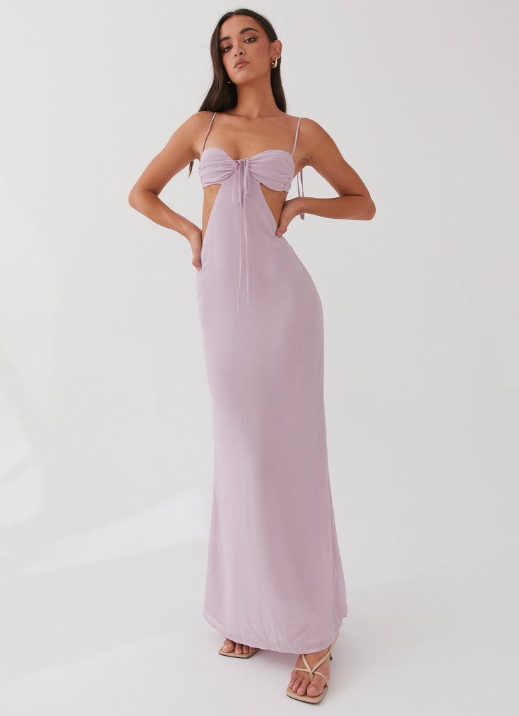 Womens Tyra Ruched Maxi Dress in the colour Lavender in front of a light grey background