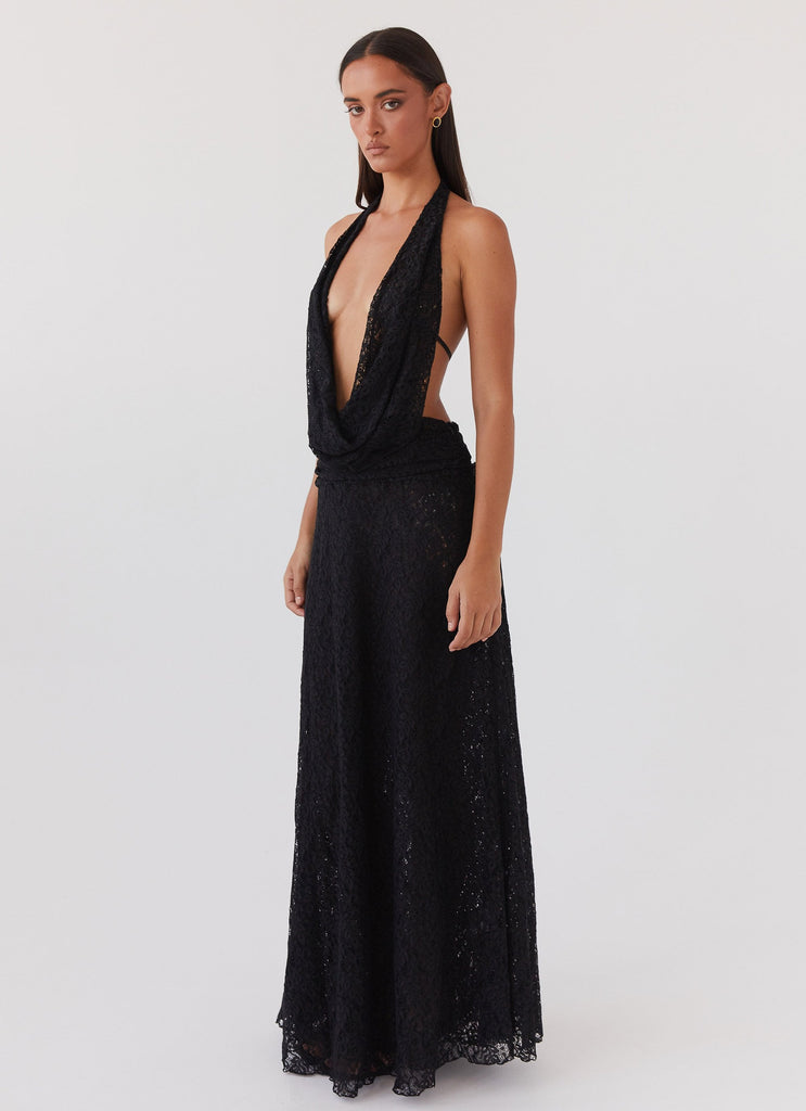 Womens Elysia Lace Maxi Dress in the colour Black in front of a light grey background