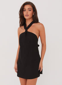 Womens Keira Linen Mini Dress in the colour Black in front of a light grey background