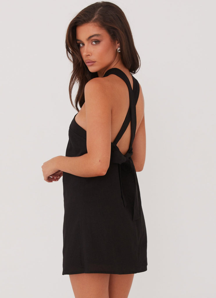 Womens Keira Linen Mini Dress in the colour Black in front of a light grey background