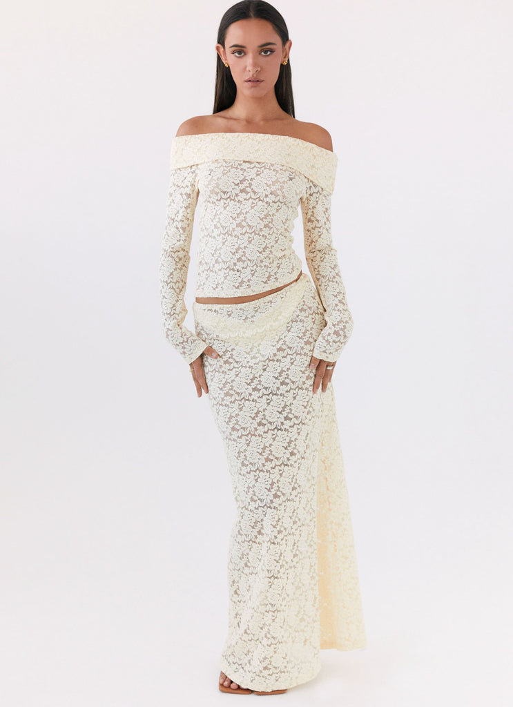 Womens Zephyra Lace Maxi Skirt in the colour Natural in front of a light grey background