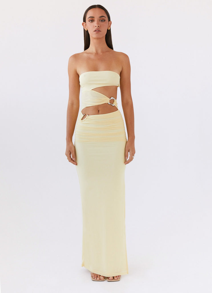 Womens Into Pieces Mesh Maxi Dress in the colour Lemon in front of a light grey background