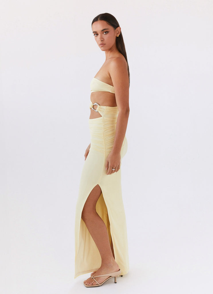 Womens Into Pieces Mesh Maxi Dress in the colour Lemon in front of a light grey background