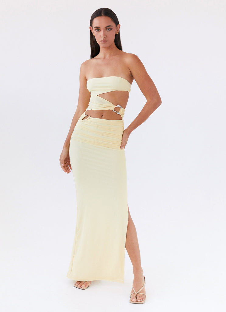 Womens Into Pieces Mesh Maxi Dress in the colour Lemon in front of a light grey background