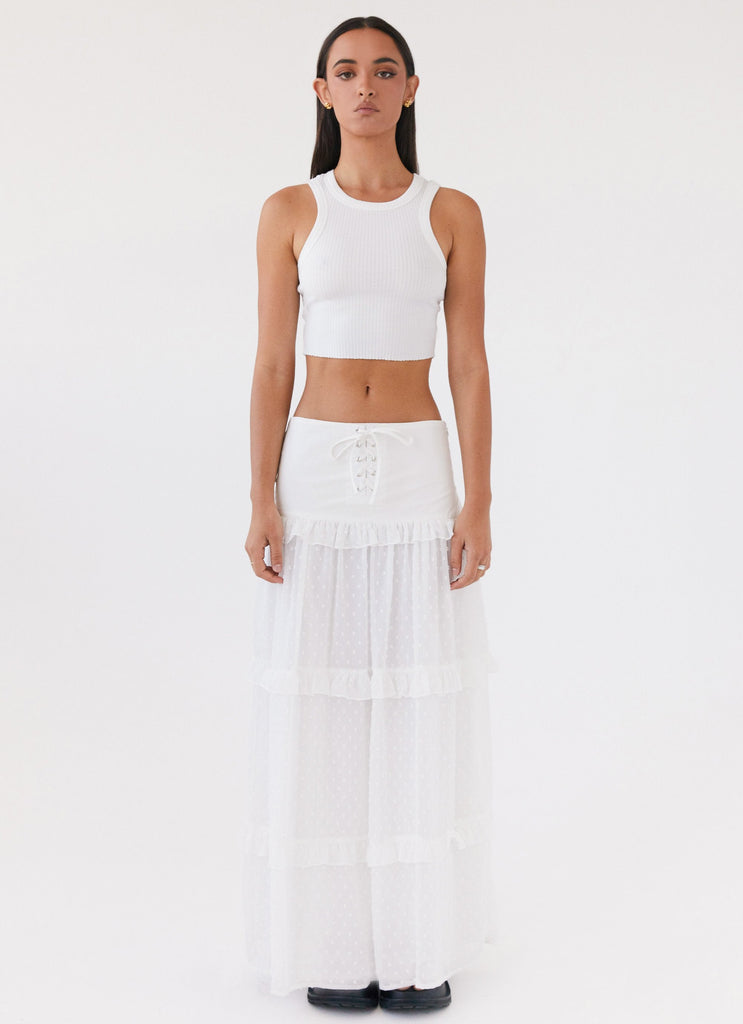 Womens Esmeralda Maxi Skirt in the colour White in front of a light grey background