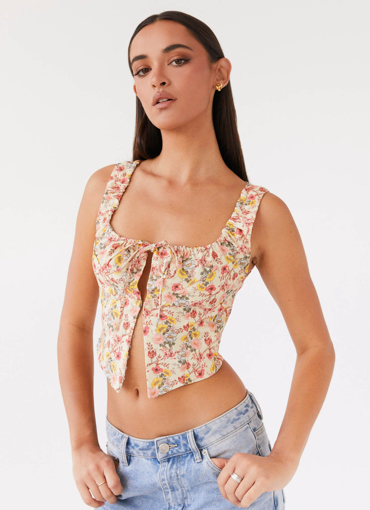 Womens Take Me Away Corset Top in the colour Garden Party in front of a light grey background