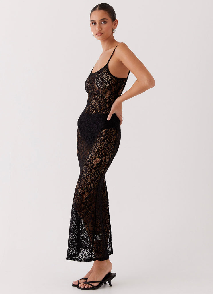 Womens Leona Lace Maxi Dress in the colour Black in front of a light grey background