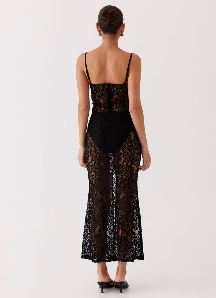 Womens Leona Lace Maxi Dress in the colour Black in front of a light grey background