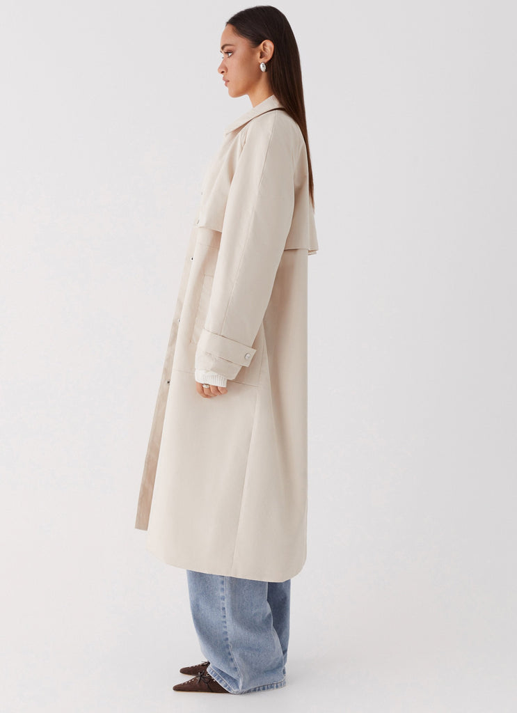 Womens Fill The Void Oversized Trench Coat in the colour Ivory in front of a light grey background