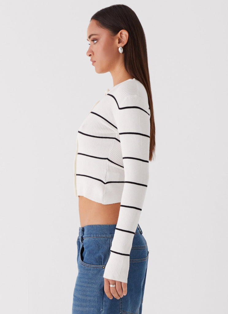 Womens Kaylee Fitted Cardigan in the colour White Stripe in front of a light grey background