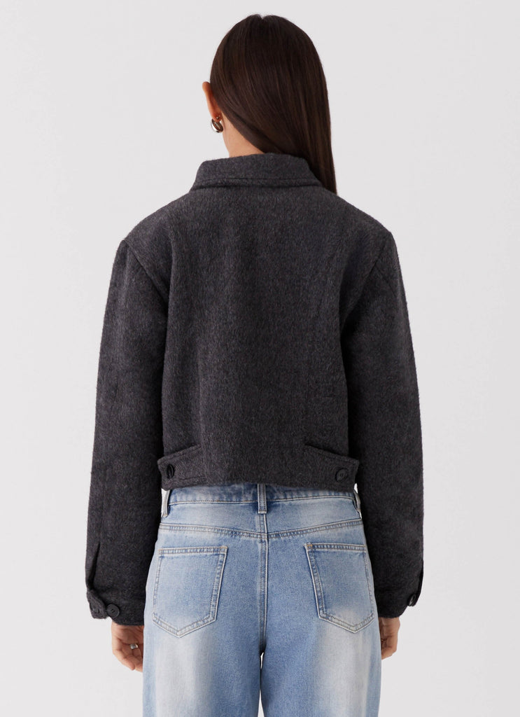 Womens Lexi Jayde Wool Zip Jacket in the colour Dark Grey in front of a light grey background