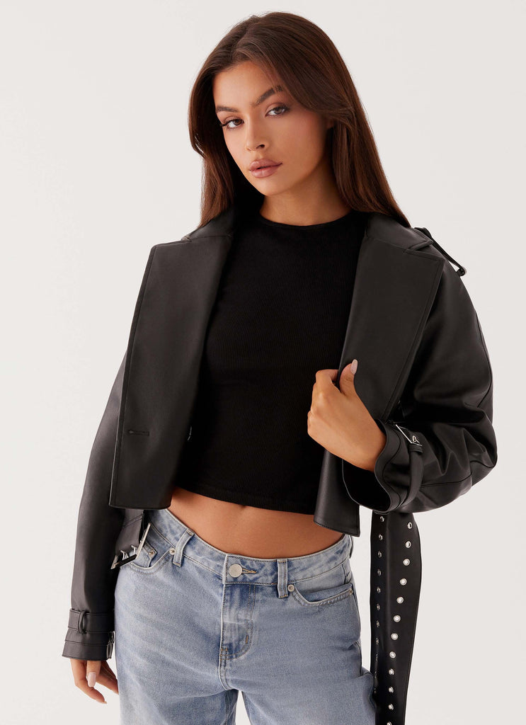 Womens Bad Decisions PU Jacket in the colour Black in front of a light grey background