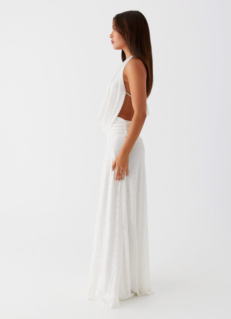 Womens Elysia Sequin Maxi Dress in the colour White in front of a light grey background