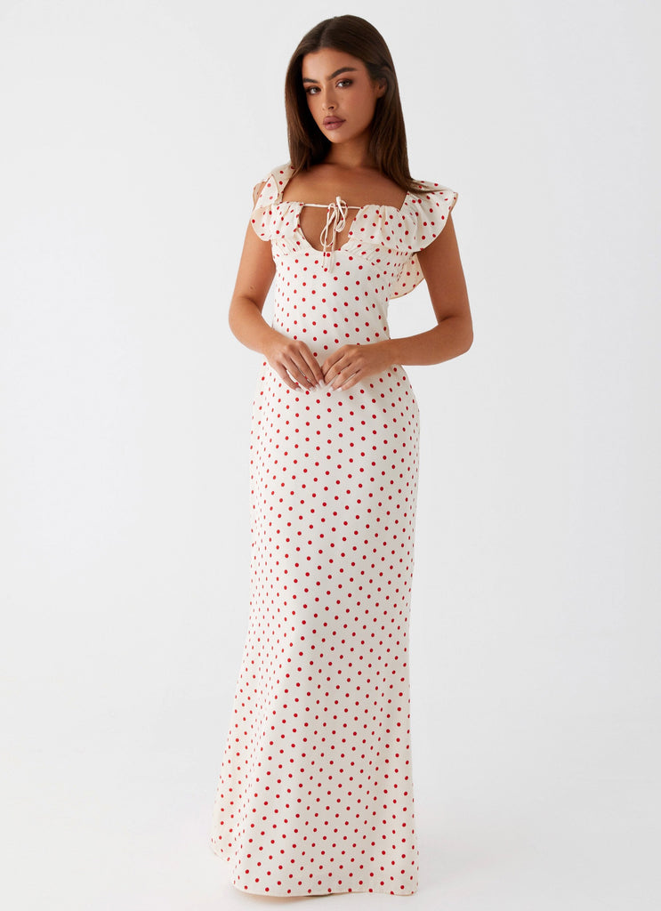 Womens Scarlet Cherry Maxi Dress in the colour Red Polka Dot in front of a light grey background