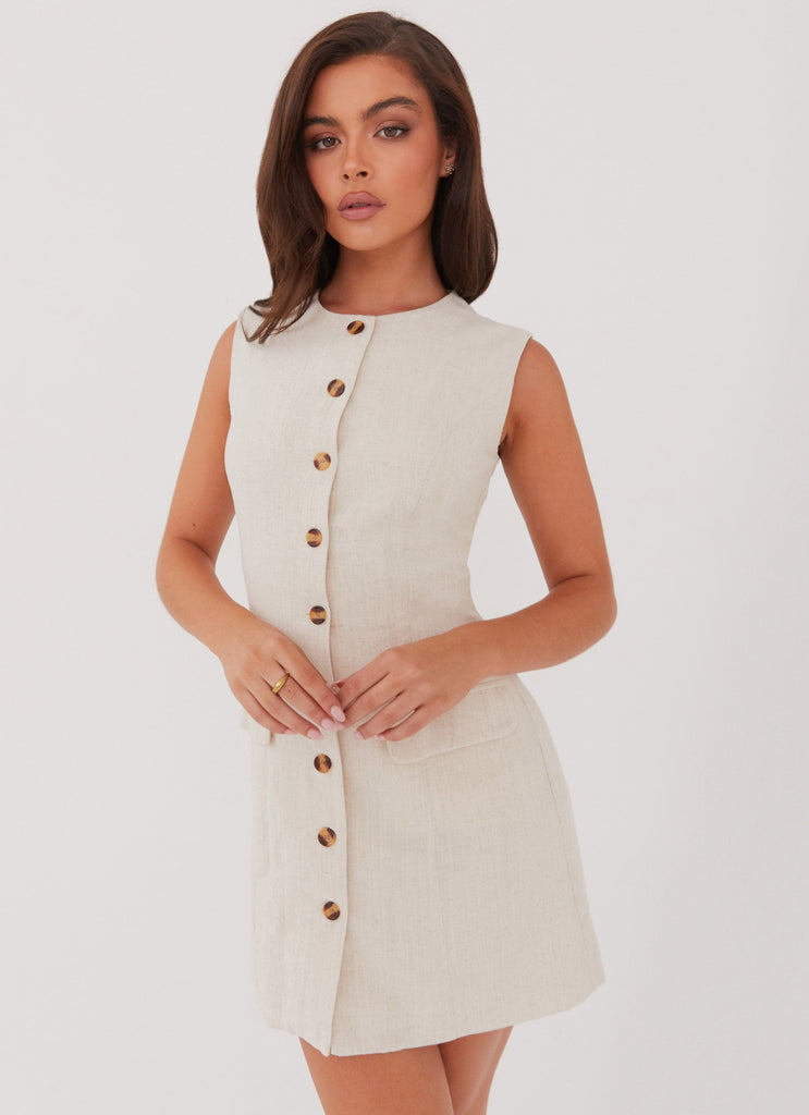 Womens Castello Fiore Linen Mini Dress in the colour Oatmeal in front of a light grey background