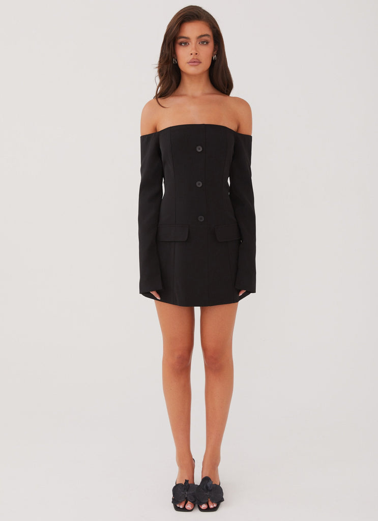 Womens Dominique Blazer Mini Dress in the colour Black in front of a light grey background