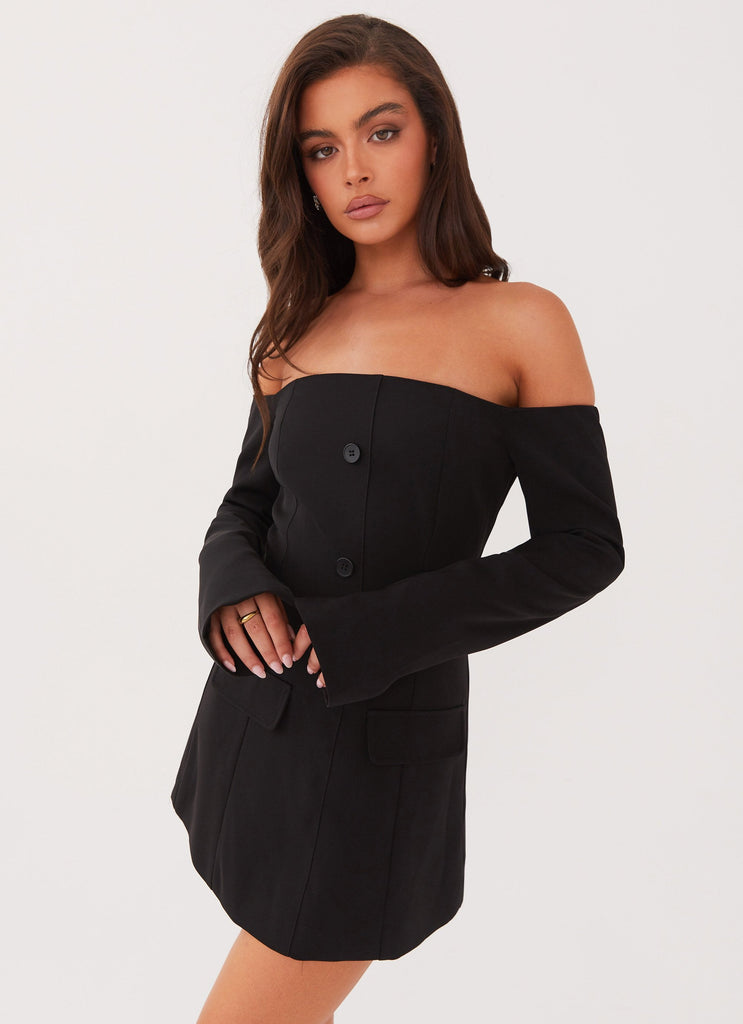 Womens Dominique Blazer Mini Dress in the colour Black in front of a light grey background