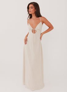 Womens Flora Linen Maxi Dress in the colour Oatmeal in front of a light grey background