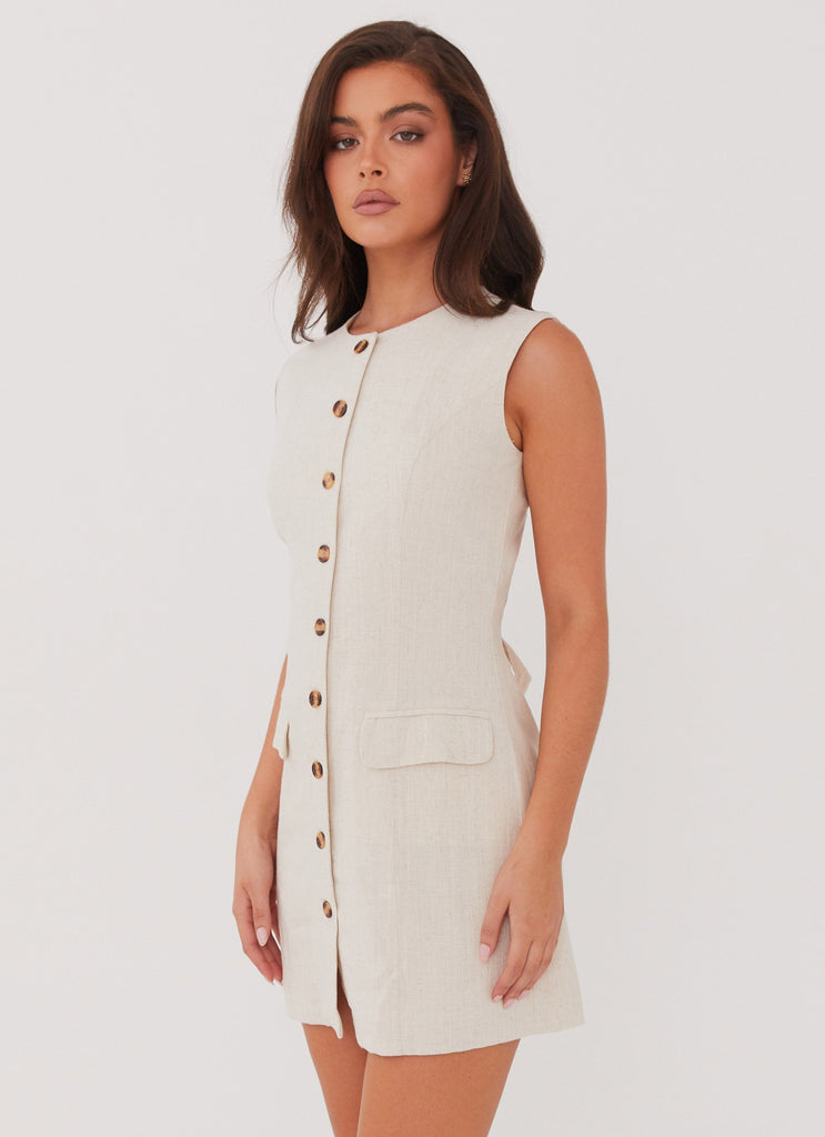 Womens Castello Fiore Linen Mini Dress in the colour Oatmeal in front of a light grey background