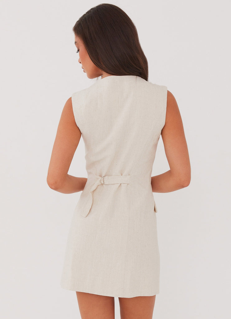 Womens Castello Fiore Linen Mini Dress in the colour Oatmeal in front of a light grey background