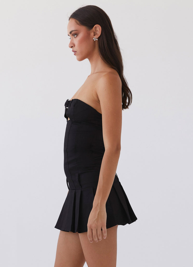 Womens Case Closed Mini Dress in the colour Black in front of a light grey background