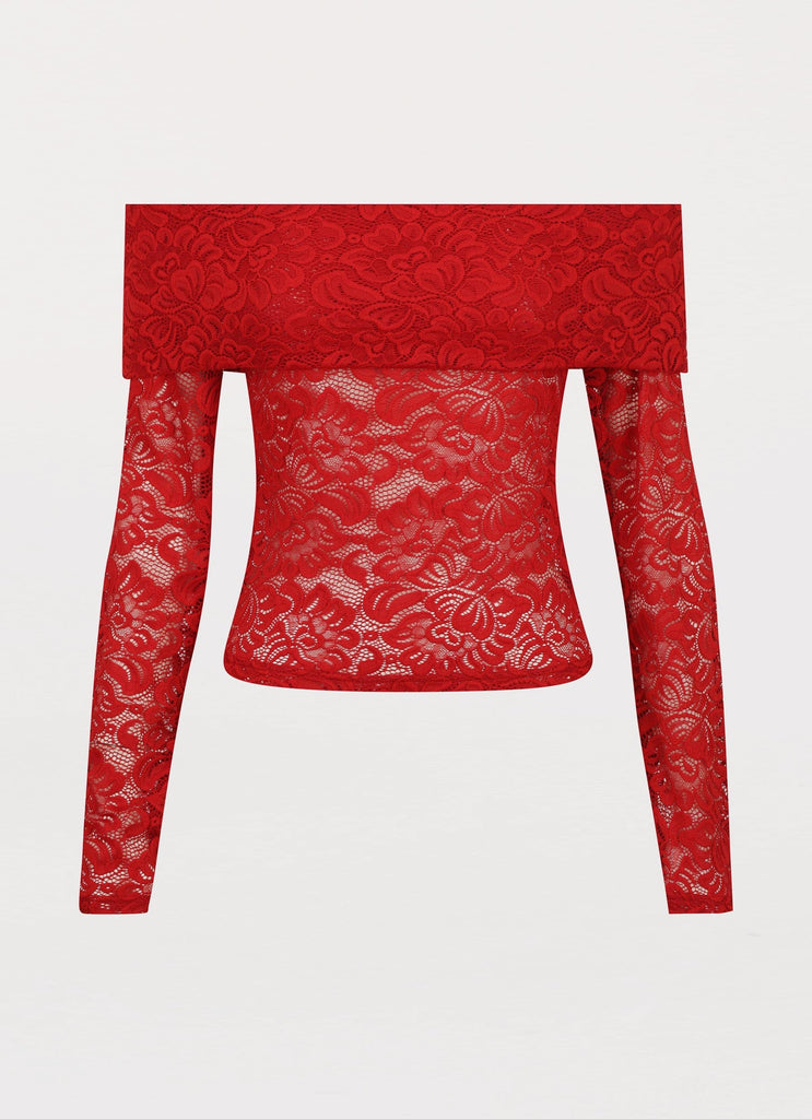 Womens Zephyra Lace Long Sleeve Top in the colour Red in front of a light grey background