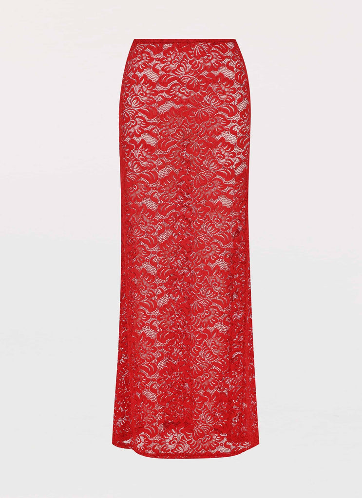 Womens Zephyra Lace Maxi Skirt in the colour Red in front of a light grey background