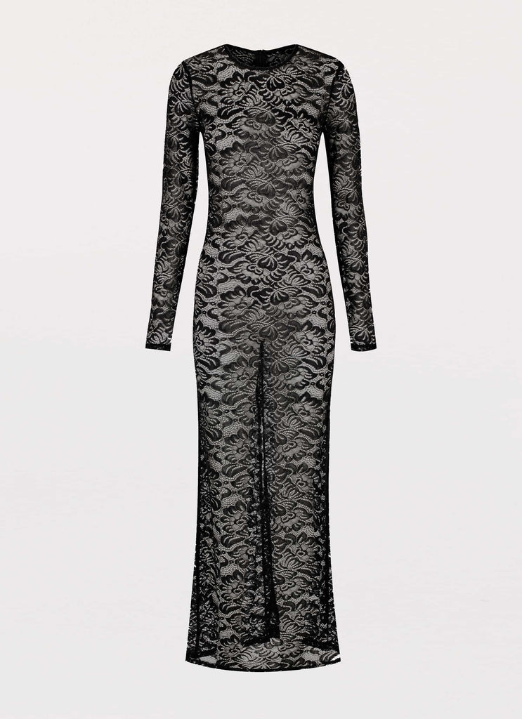 Womens Luella Lace Maxi Dress in the colour Black in front of a light grey background