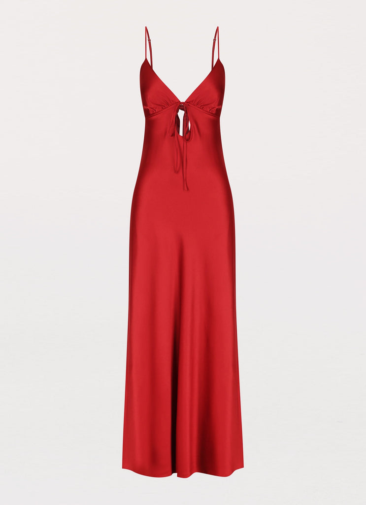 Womens Flora Satin Maxi Dress in the colour Cherry in front of a light grey background