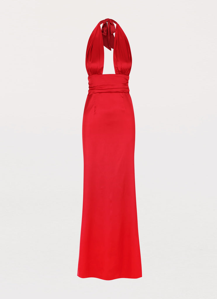 Womens Lovelust Halterneck Maxi Dress in the colour Red in front of a light grey background