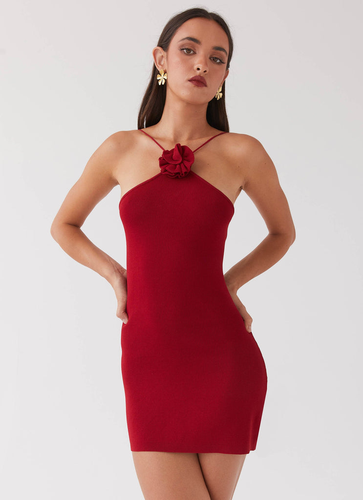 Womens Delphi Rose Knit Mini Dress in the colour Rouge Red in front of a light grey background