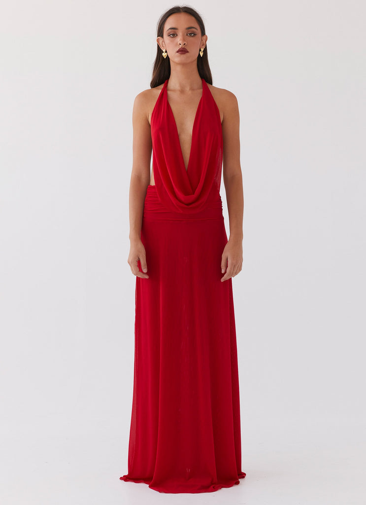 Womens Elysia Mesh Maxi Dress in the colour Cherry Red in front of a light grey background