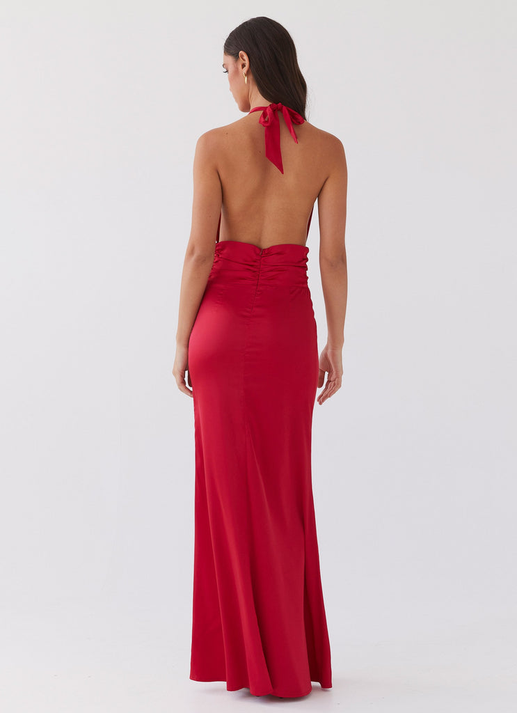 Womens Lovelust Halterneck Maxi Dress in the colour Red in front of a light grey background