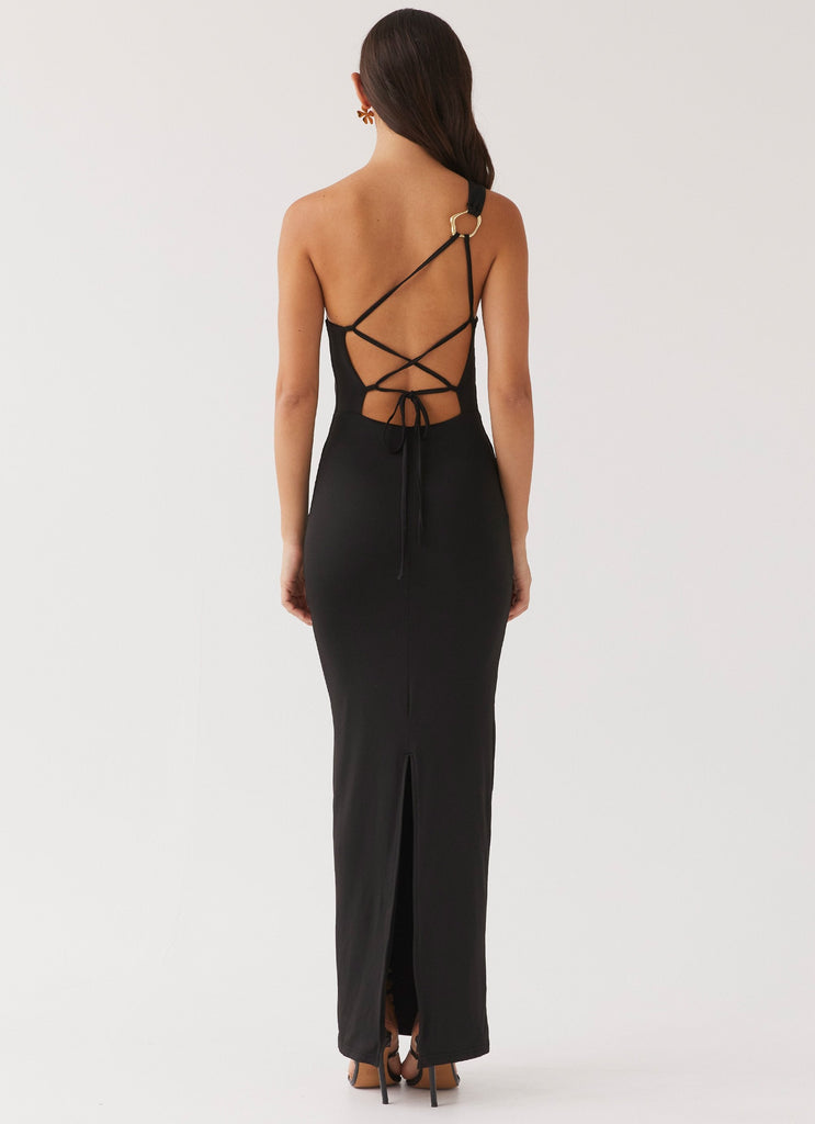 Womens Iris Backless Maxi Dress in the colour Black in front of a light grey background