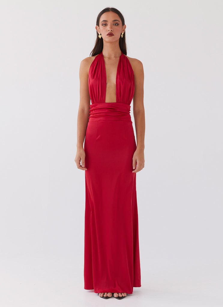 Womens Lovelust Halterneck Maxi Dress in the colour Red in front of a light grey background