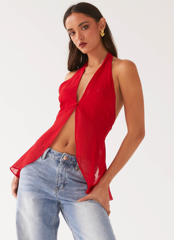 Womens At Last Halterneck Top in the colour Rouge Red in front of a light grey background