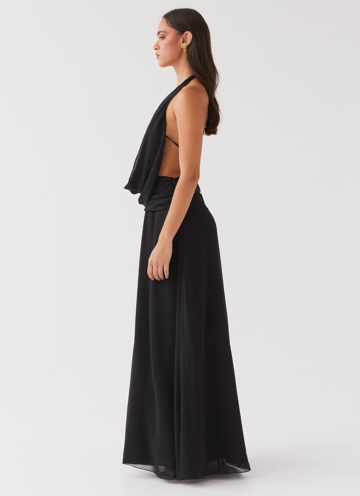 Womens Elysia Chiffon Maxi Dress in the colour Black in front of a light grey background