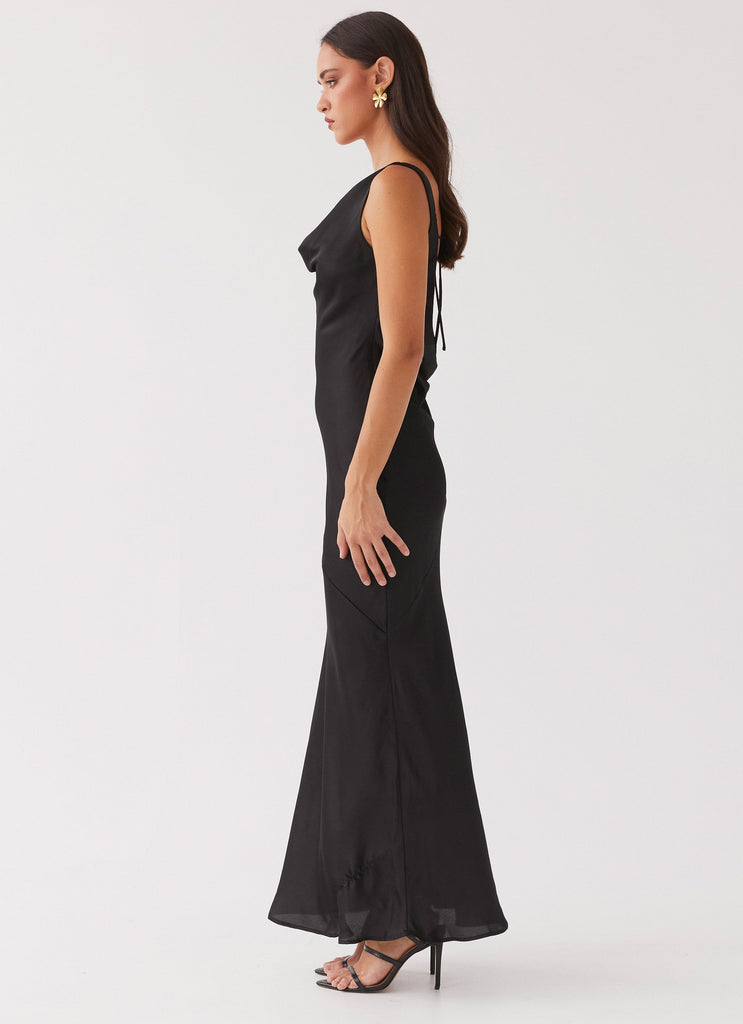 Womens Be Mine Satin Maxi Dress in the colour Black in front of a light grey background